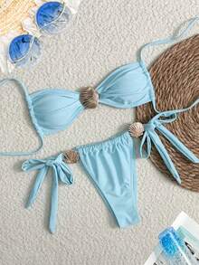 New Solid Color Bikini Swimwear With Shell Decor, Two Pieces Swimwear For Beach Holiday, Sexy - Baby Blue - View 5