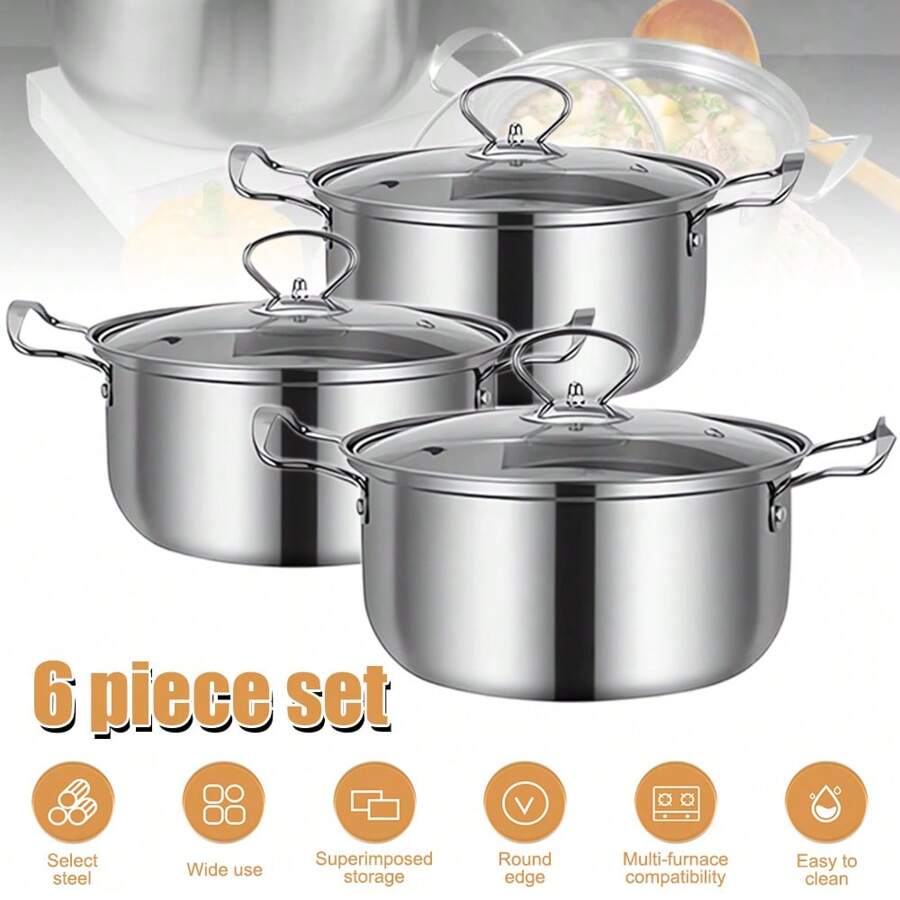 6 Pcs Stainless Steel Saucepan Essential Cookware Set With Glass Lids & Sturdy Handles Pot Cooking Sauce Pan - Silver - View 1