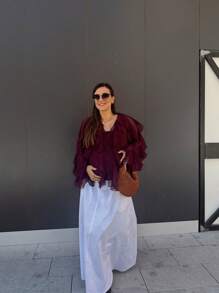 HZXVIC 女士优雅深V领荷叶边袖衬衫