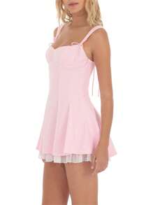 Women Y2k Corset Mini Dress Summer Sleeveless Bow Tie Strap Solid Color Skater Tank Dress Backless Ruffle A-Line Dress Graduation Dress Beach Club Party Dresses Streetwear Preppy Fairy Aesthetic Clothes - Hồng - Xem 3