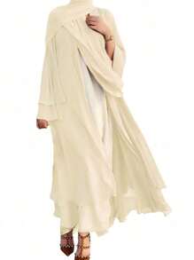 1 chiếc Abaya hai lớp bằng vải chiffon, màu trơn, kiểu dáng rộng rãi, thoải mái, phù hợp cho nữ cỡ lớn, kiểu áo cardigan mở, kín đáo cho lễ Eid mùa xuân. - Xám - Xem 3