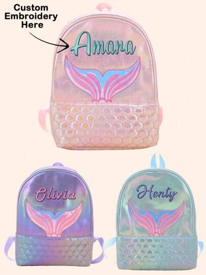 1 pieza Mochila personalizada con estampado de sirena brillante, mochila escolar de moda personalizada bordada de gran capacidad, adecuada como regalo para niños y niñas, multifuncional, ornamental, con letra, elegante, suave, moderna, colorida, kawaii, adorable, linda, casual, personalizada, única, personalizada, regalos para bebés, regalos ideales para él, regalos ideales para ella, hijo, hija, niños, Urban Gala, moderna, colorida, linda