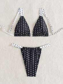 全新随机黑白圆点可调节肩带后系带吊带比基尼高腰泳装套装女式