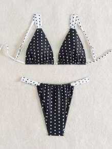 Nuovo set di bikini da donna con vita alta, in stile casuale a pois bianchi e neri, con spalline regolabili e laccetti sulla schiena