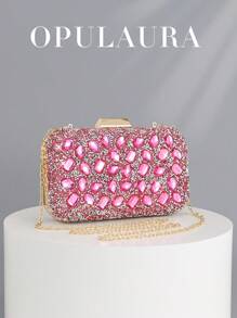 OpulAura Women's Shiny Rhinestone Pink Clutch Bag, Cute & Sweet Fashion Handbag, Suitable For Party/Wedding, Shoulder/Crossbody Chain Bag, Perfect For Ball Accessories - Hot Pink - View 1
