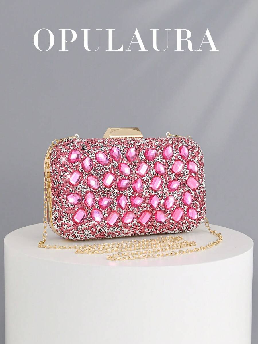 OpulAura Women's Shiny Rhinestone Pink Clutch Bag, Cute & Sweet Fashion Handbag, Suitable For Party/Wedding, Shoulder/Crossbody Chain Bag, Perfect For Ball Accessories - Hot Pink - View 1