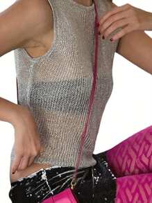 Women's Summer Short Tank Tops Solid Color Sleeveless O Neck Sheer Crop Knit Vest For Night Club Party - 銀色 - 查看 7