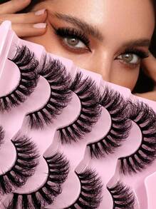ENCHUW 5 对交叉纤细戏剧假睫毛浓密仿貂皮睫毛全条自然柔软蓬松睫毛