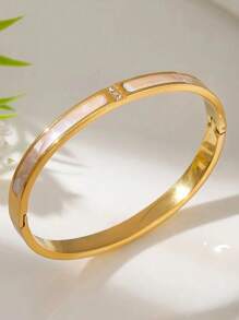 1pc Stainless Steel Non-Fading Fashionable, Minimalist, Luxury, Niche Design, INS Style, Sweet & Elegant Rhinestone White Seashell Bracelet For Women, Daily Wear Or Gift For Girlfriend/Friend