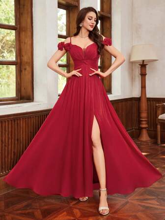 优雅浪漫手工深 V 领网眼超长派对礼服，适合女士、婚礼宾客礼服、舞会礼服