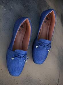 Women's Navy Blue Jeans Moccasin With Comfort Bow Women's Fashion - 藏蓝色 - 查看 1