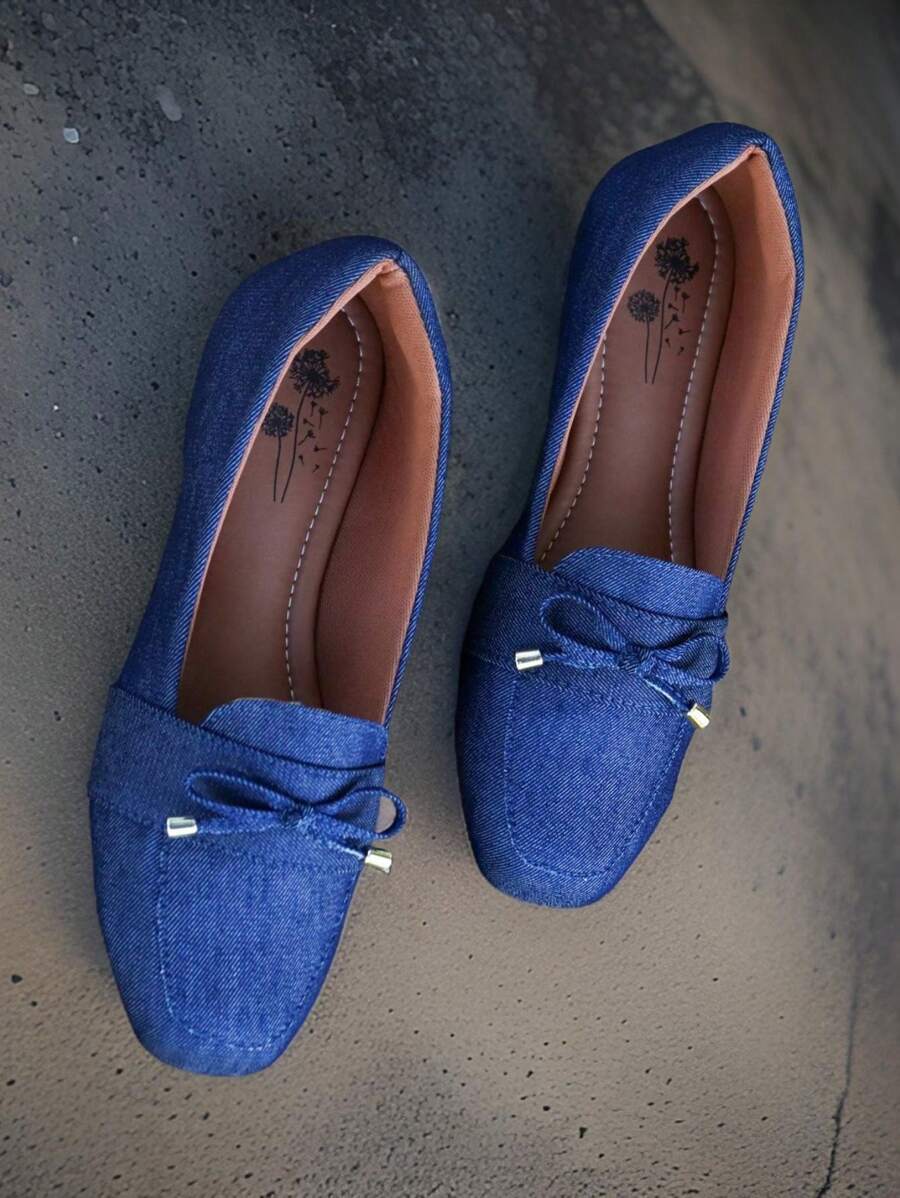 Women's Navy Blue Jeans Moccasin With Comfort Bow Women's Fashion - 藏蓝色 - 查看 1