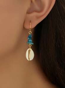 1 Pair Vintage Boho Style Asymmetrical Stone & Shell Beach Hoop Earrings, Simple Creative Earrings - Blue - View 1