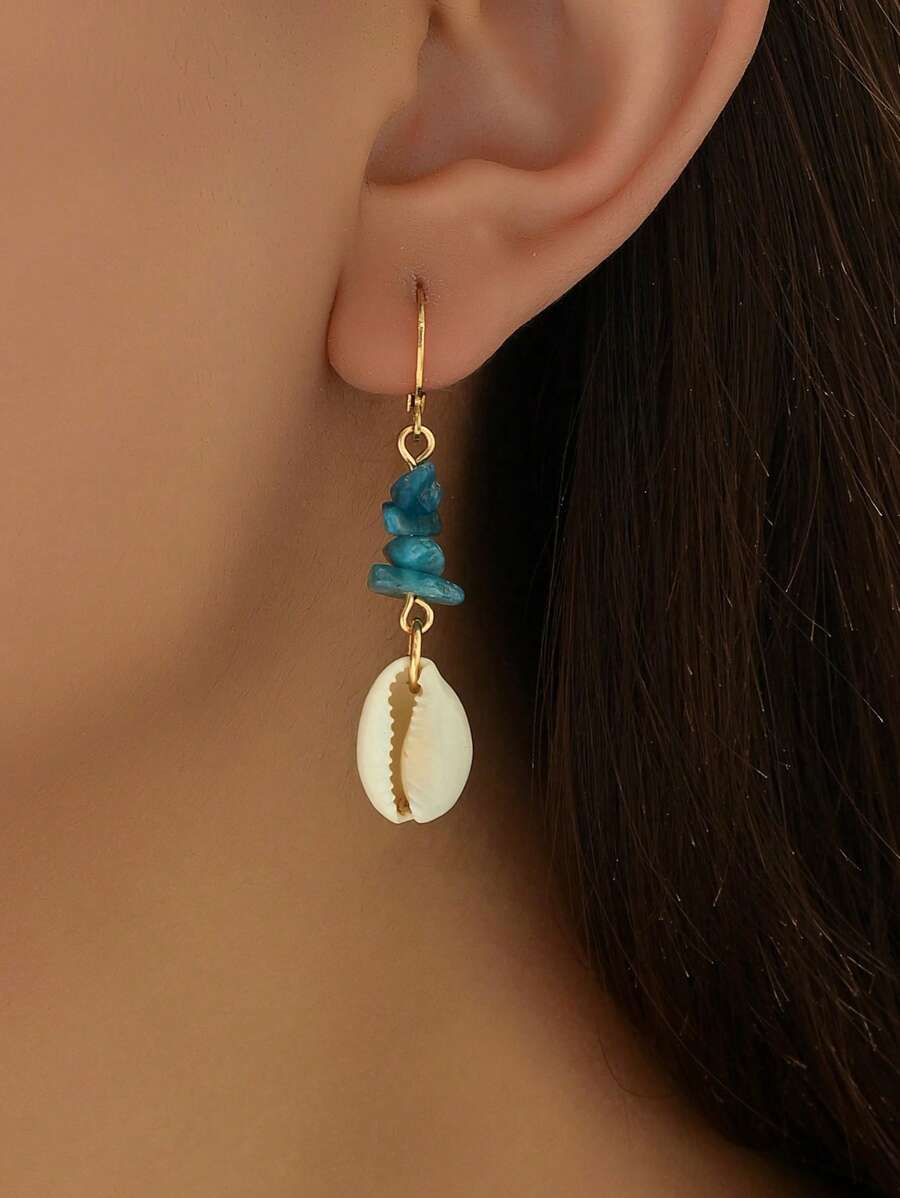 1 Pair Vintage Boho Style Asymmetrical Stone & Shell Beach Hoop Earrings, Simple Creative Earrings - Blue - View 1