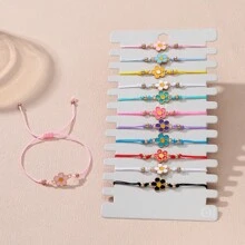 Set de 12 piezas de brazaletes de amistad ajustables y personalizados con flores de 5 pétalos de aleación, de colores variados, perfecto para volver al colegio - 12 flores - Ver 2
