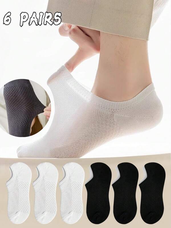 6 pares de meias de cano curto, pretas e brancas, de cor sólida, respiráveis, leves, básicas e casuais, para homens e mulheres, verão