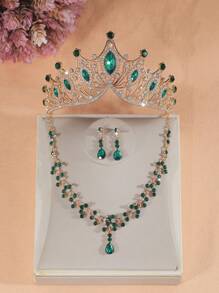 Set de 4 piezas de joyería para niñas con collar y aretes con corona de rhinestone, accesorios de disfraz para fiesta infantil, también es un gran regalo de cumpleaños para una amiga pequeña