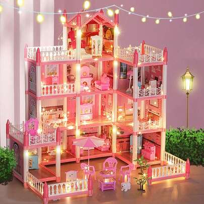 Juguete de Casa de Princesa de Lujo para Niñas - Gran Casa de Muñecas Rosa de Varios Niveles con Accesorios de Muebles y Luces LED, Juego de Imitación para Niñas Mayores de 3 Años