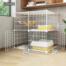 Large Indoor Cat Villa With Pet Hammock, Cat Bathing Cage, Litter Box, Double-Decker Swing & Fence, Anti-Jump Cat Cage