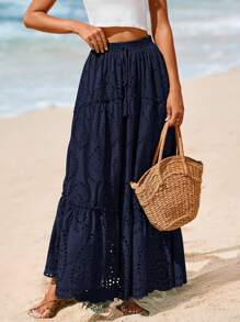 Women's Casual Lace Embroidery Eyelet Elastic High Waist Tiered A-Line Flowy Long Skirt Summer Boho Bohemian Beach Spring Holiday Vacation Going Out Valentine Long Maxi Skirt Outfits - 藏蓝色 - 查看 5
