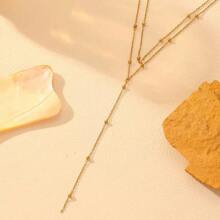 1pc Fashion Stainless Steel Round Bead Chain Tassel Long Double Layered Necklace For Women - Necklace - View 7