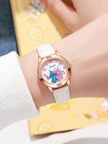 Sanrio Montre en acier de haute qualité avec diamants, motif Stitch de Disney, pour dame/fille. Montre-bracelet à quartz pour filles