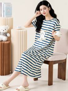 AICJ 1 pieza Vestido camisón casual de media longitud con cuello redondo, manga corta, estampado de rayas y gráfico de letras, adecuado para primavera, Día de la Madre, San Valentín, Año Nuevo