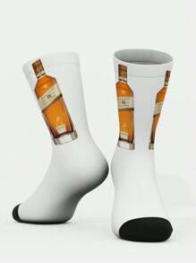 1 Pair Of 360° Printed Tall Socks Bottle Socks, Wine Bottle Printed Socks Unisex, Couple Socks, Comfortable Breathable Casual Street Socks, Alcoholic Series Holiday Gifts, Light Exercise Mid-Calf Socks