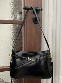 新款小众原创带子设计女士腋下包，时尚通勤方形斜挎包 - 黑色 - 查看 6