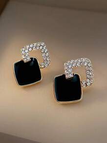 1 对时尚欧美经典水钻几何设计耳环，黑色百搭奢华时尚独特女士耳环