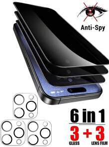 Protector de pantalla de vidrio de privacidad 6 en 1 compatible con iPhone 15, 13, 16, 14, 11, 12 Pro Max, 13, 15. Película protectora de vidrio para lente de cámara compatible con iPhone 14, 15, 16 Plus