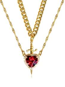 情侣款心形剑形战士项链，采用优质不锈钢材质，镶嵌水钻，防水防褪色，适合情侣佩戴，是情人节、圣诞节礼物和日常佩戴的理想之选。 - 項鍊2件套 - 查看 7