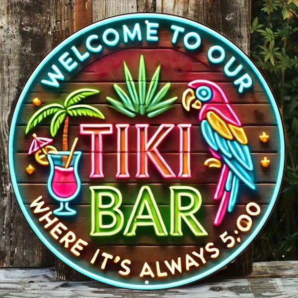 Vintage Tiki Bar Neon Light Design Wooden Wall Decor - Retro Tropical Decoration Suitable For Home, Cafe And Beach House - Wooden - Perfect For Home Decor Enthusiasts And Tropical Lovers - Ideal Housewarming And Birthday Gift, Random Hole Style