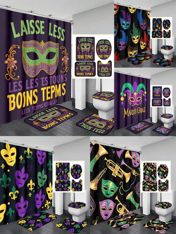 Mardi Gras Bathroom Set Polyester Fiber Shower Curtain Toilet Cover Mats Non-Slip Floor Rug Decor Set Colorful Mask Fleur De Lis Musical Instruments Perfect For Mardi Gras Party Holiday Festival Bathroom Decor Gift Set