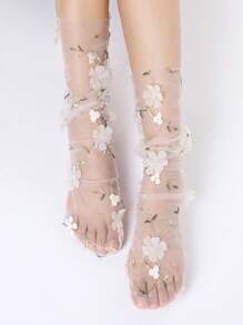 New Lace Mesh Mid-Calf Socks, Sweet Floral Net Fashionable Stack Socks For Women, Casual Summer