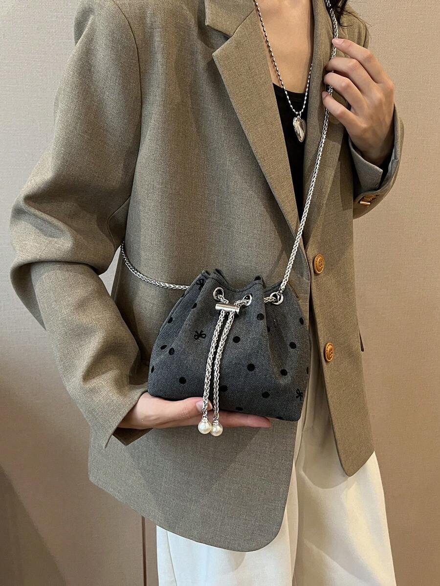 1pc Nylon Plain Drawstring Bucket Bag With Chain Strap, Fashion Pearl Shoulder Handbag For Women - Multicolor - View 1