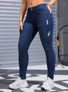 Jeans Vaqueros Ajustados Casuales De Alta Elasticidad , Vaqueros De Mezclilla Y Ropa Para Mujeres - Azul lavado medio - Ver 4