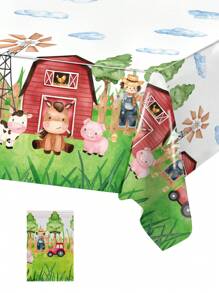 1 pezzo Tovaglia da 220x130cm con motivi di animali da fattoria, forniture per feste di compleanno a tema fattoria, decorazioni per feste a tema fattoria con casa rossa, mucca, cavallo, pecora, tovaglia rettangolare per decorazioni per feste di compleanno