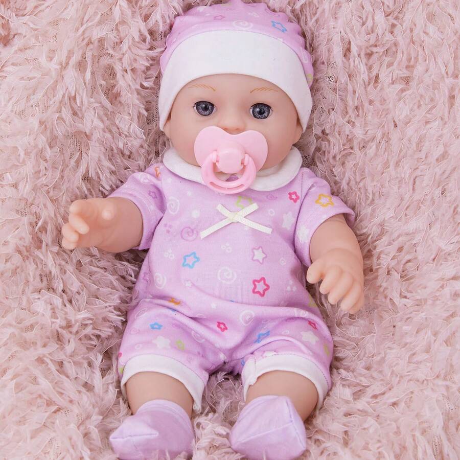12-Inch Reborn Doll Playset Doll, Purple Base With Colorful Pentagram, White Bow Headband, Plush Doll