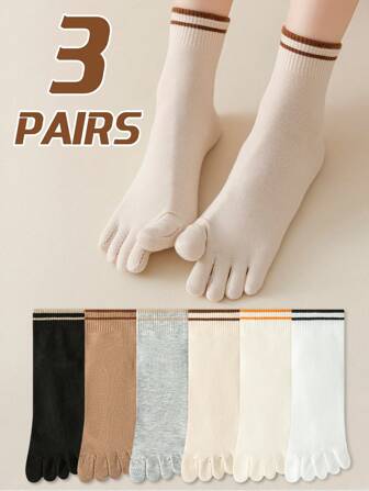 3 Pairs Women's Solid Striped Comfortable Toe Socks, 7A Anti-Bacterial Odor Resistant Absorbent Simple Fashion Athletic Mid-Calf Socks, Suitable For Spring/Summer, Fall