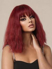 Peluca de estilo con flequillo, de 16 pulgadas, de color rojo vino, de largo medio, con apariencia natural y resistente al calor para uso diario. Peluca tejida de cabello sintético, de estilo elegante, resistente al calor, para uso cotidiano.
