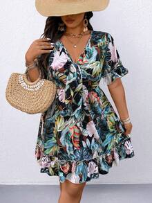 Plus Size V-Neck Waisted Floral Print Dress, Fashionable And Slimming - Blue - View 2