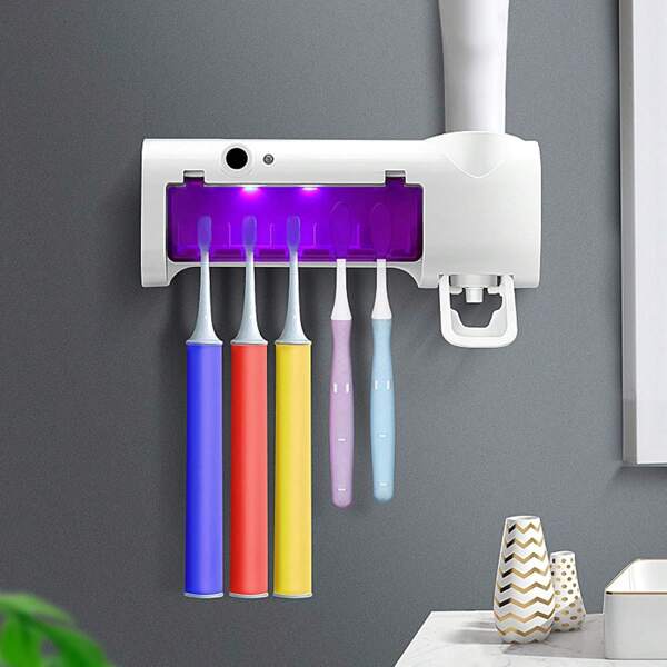 Suporte para Esterilizador de Escovas de Dentes UV com Indução Inteligente, Suporte para Escovas de Dentes Desinfetante, Fixado na Parede, Multi-armazenamento. Separador de Escovas de Dentes. Decoração de Verão para Casa e Banheiro.