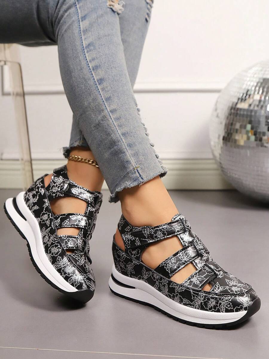 Women's Thick Sole Platform Sandals, Wedge Heel Slip-Resistant Closed Toe Roman Style Sandals, 2025 New Fashion Casual Summer Hollow Out Printed Beach Shoes, Comfortable Thick Bottom Shoes For Petite