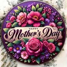 1 件母亲节花卉木质墙标 - 8x8 英寸圆形木质悬挂装饰，带有“母亲节快乐”文字、鲜艳的粉红玫瑰和紫色海葵图案，非常适合家庭、农舍、门廊或卧室 - 理想的节日、送给妈妈的母亲节礼物，非常适合房间装饰