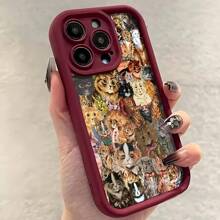 1pc Wine Red Matte Cracked Texture Cute Cat Pattern Phone Case, Compatible With IPhone 16 Pro Max, 15/14Plus, 13, 12, 11, And Series