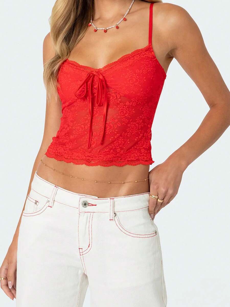 Women's Lace Cami Tops Sleeveless Spaghetti Strap Tie-Up Front Floral Cropped Camisole Shirts - 紅色 - 查看 1