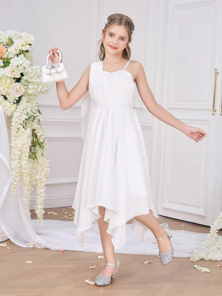 女童不对称白色生日派对礼服，童话公主毕业典礼派对伴娘婚礼舞会礼服，演出服 - 白色 - 查看 1