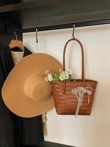 Set de 2 piezas (Bolso + Sombrero) Nuevo bolso de hombro de paja con lazo decorativo y sombrero a juego, apto para uso diario, vacaciones, viajes, playa y compras de las mujeres