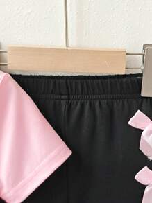 2pcs/Set Baby Girls' Flared Set, Bow Accent Short Sleeve T-Shirt + Solid Color Flared Pants, Summer